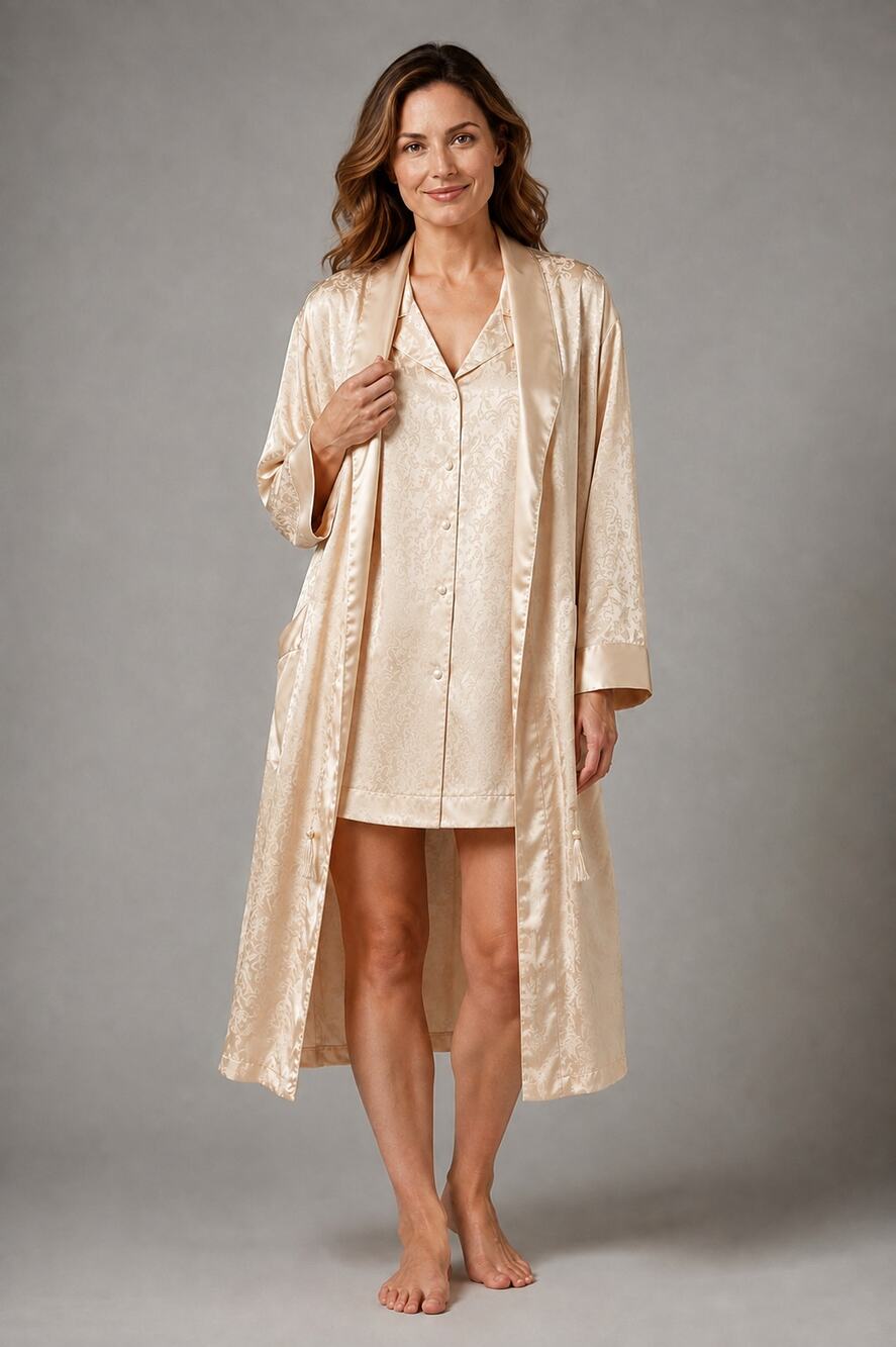 Vintage Victoria’s Secret Gold Label Jacquard Robe Nightshirt Set P/S Ivory